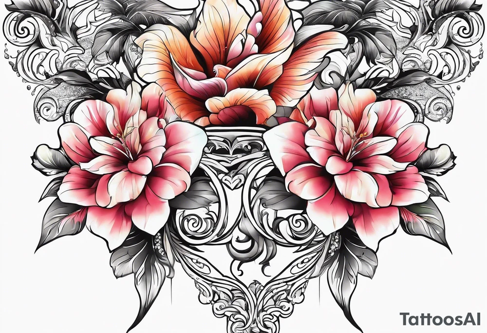 sea, flower, palm, animal tattoo idea