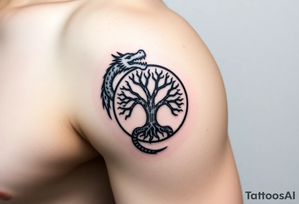 a dragon forming a circle with its body.  the dragon encircles the tree of life tattoo idea