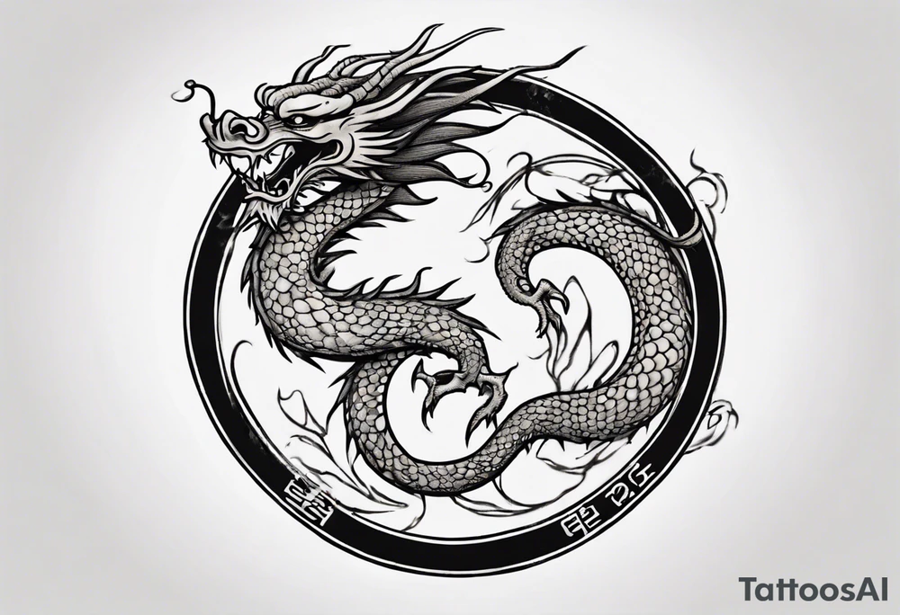 Chinese dragon in a circular shape with "02.03" written on its skin tattoo idea