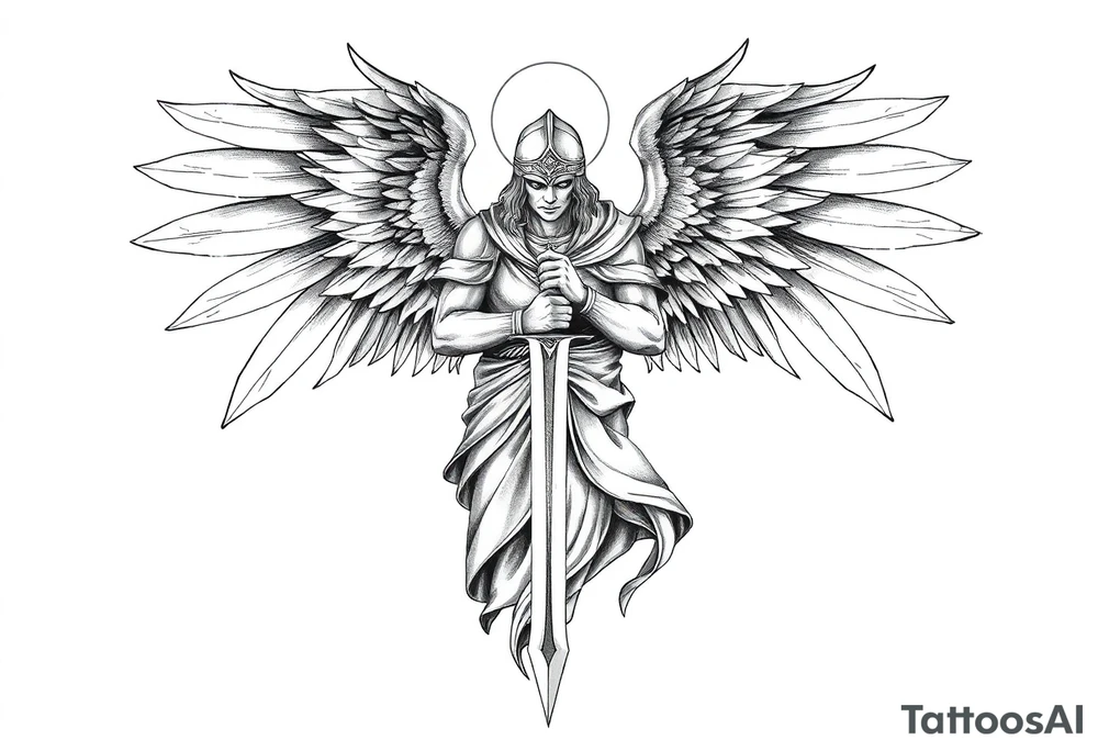 Holy Archangel, Biblical, Christianity, Hebrew, Guards of Christianity, Holding a sword, having six wings, wearing helmet, halo, seraphim, seek justice, walk only with God tattoo idea