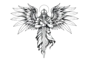Holy Archangel, Biblical, Christianity, Hebrew, Guards of Christianity, Holding a sword, having six wings, wearing helmet, halo, seraphim, seek justice, walk only with God tattoo idea