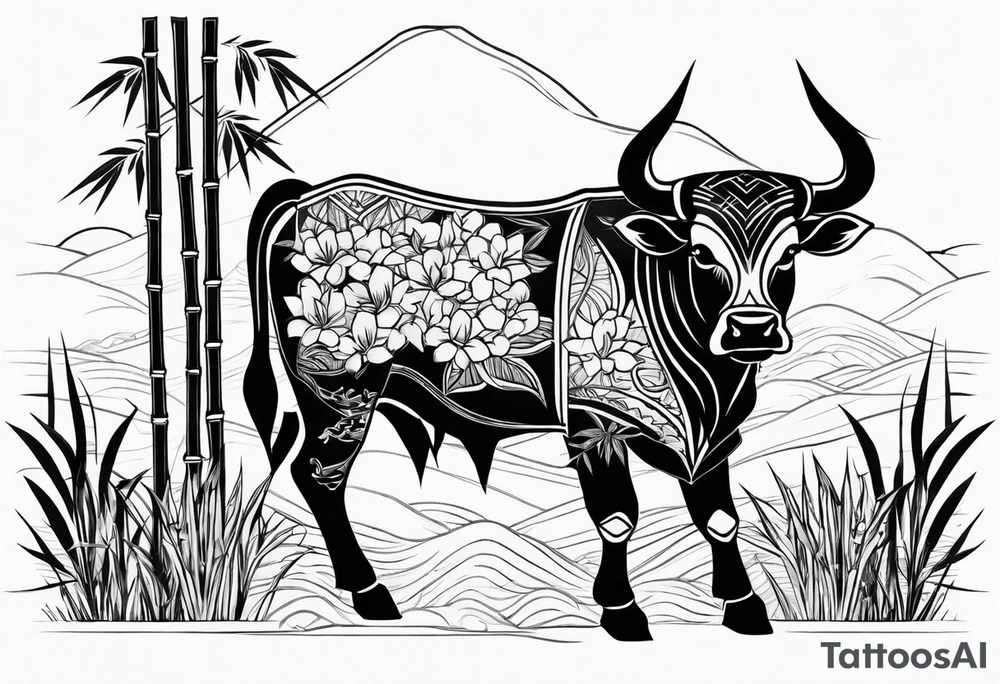 vietnamese ox in a bamboo field tattoo idea