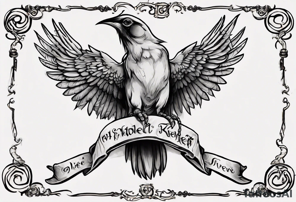 hand horizontally orientation with middle finger extended outward with a headless-songbird perched upon the middle finger, the leg of the bird is chained to the middle finger. A scroll banner with the words "What I've Felt, What I've Known." In stylized font tattoo idea