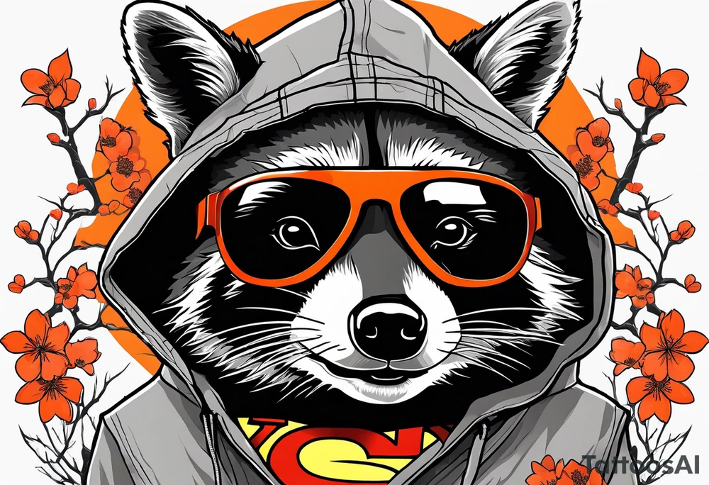 raccoon wearing a Superman hoodie with black and white logo and orange Japanese cherry blossoms tattoo idea