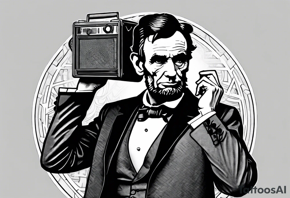 Abraham Lincoln in a suit jacket holding a boombox to his head tattoo idea