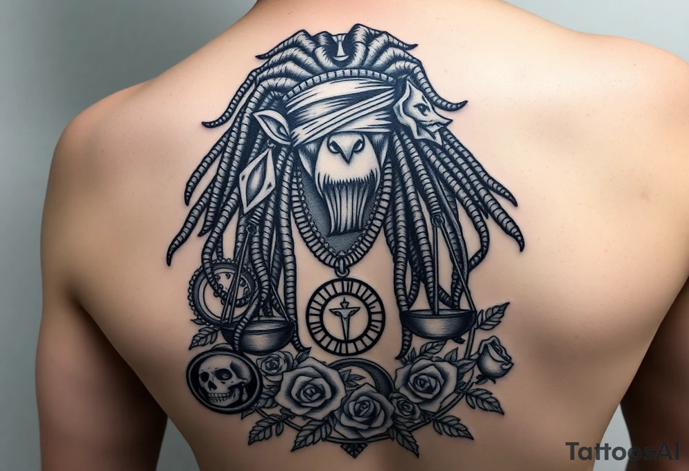 Slyph with dreads wearing blind fold and ankh pendant with tattoos holding weighing scales with the sun and moon rose vines surrounding and Anubis guarding tattoo idea