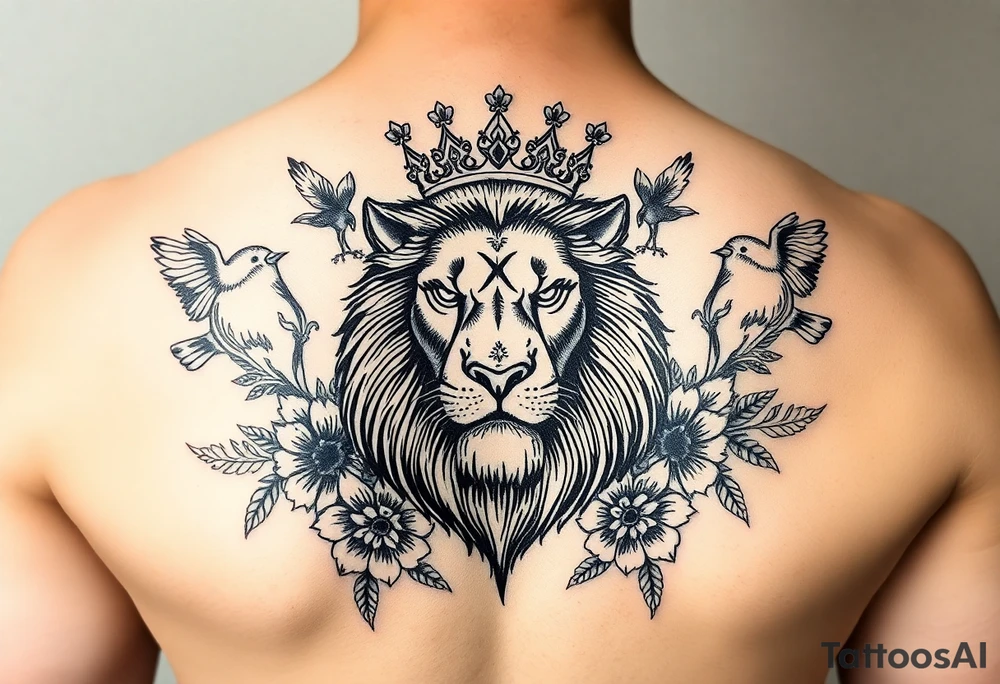 powerful majestic lion with a crown, surrounded by floral ornaments and birds tattoo idea