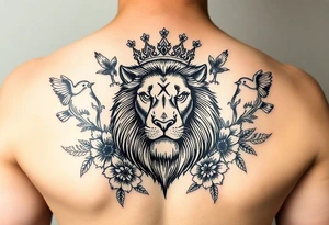 powerful majestic lion with a crown, surrounded by floral ornaments and birds tattoo idea