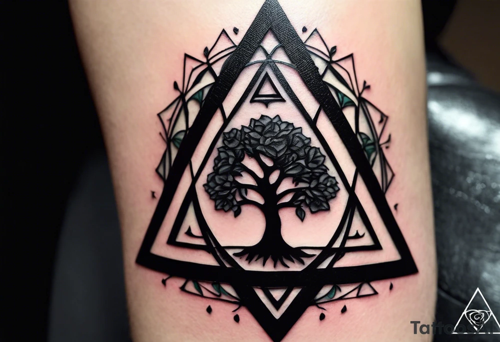 Design has three main elements, a rose, a tree and a triangle. The tree sits inside the triangle and the rose is length wise. The tattoo sits in the forearm. The tree and a triangle describes strength and resilience but also being down to earth and staying grounded. And the rose is a symbol of love and the loss of a loved one (my mother). The style should be aesthetically pleasing. tattoo idea