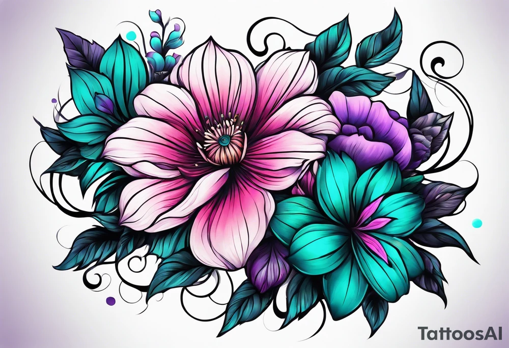 Teal, pink and purple flower sleeve tattoo idea