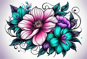 Teal, pink and purple flower sleeve tattoo idea