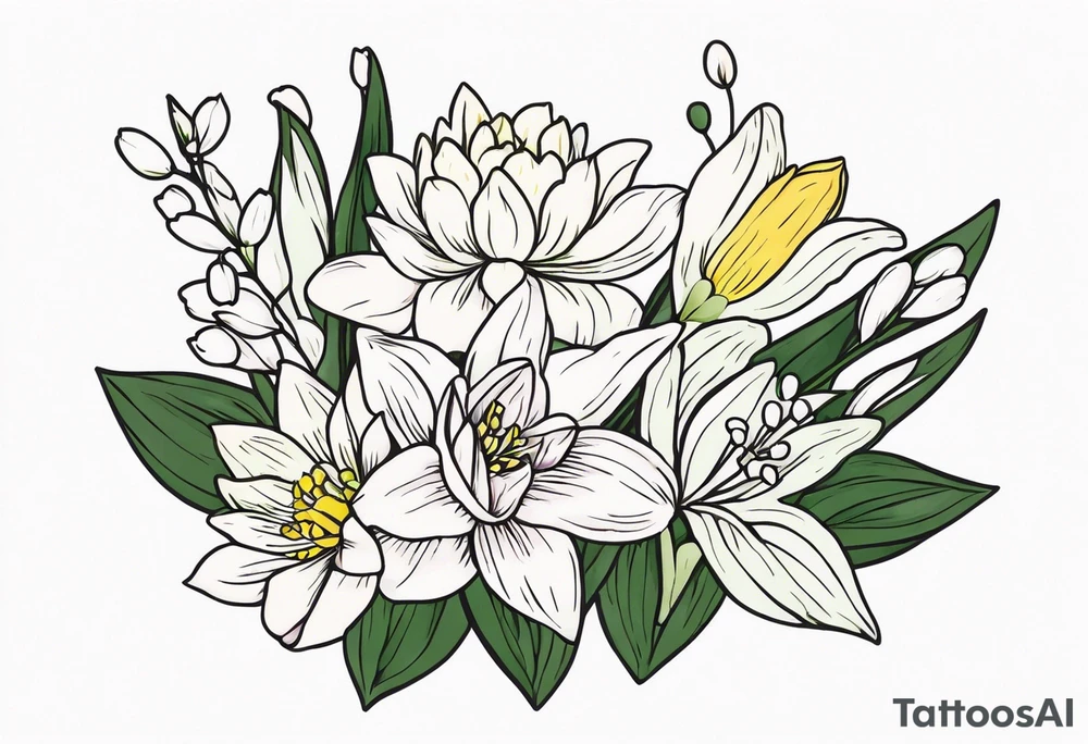 Water Lily, Lily of the Valley, Narcissus, and Gladiolus flower bouquet tattoo idea