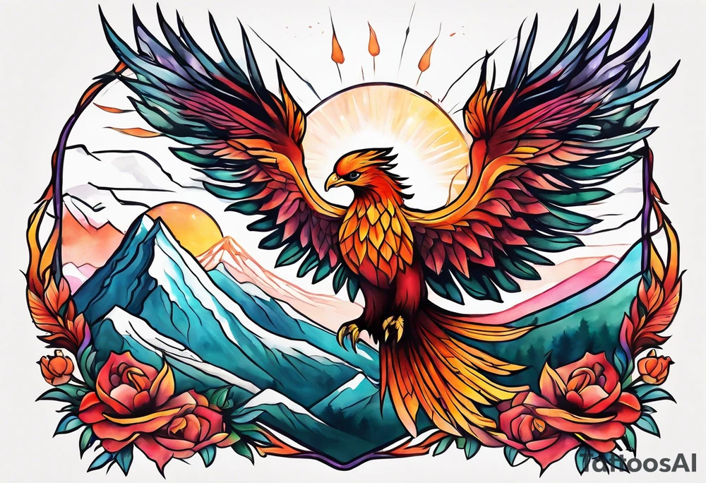 phoenix, resilience, mother, mountains tattoo idea