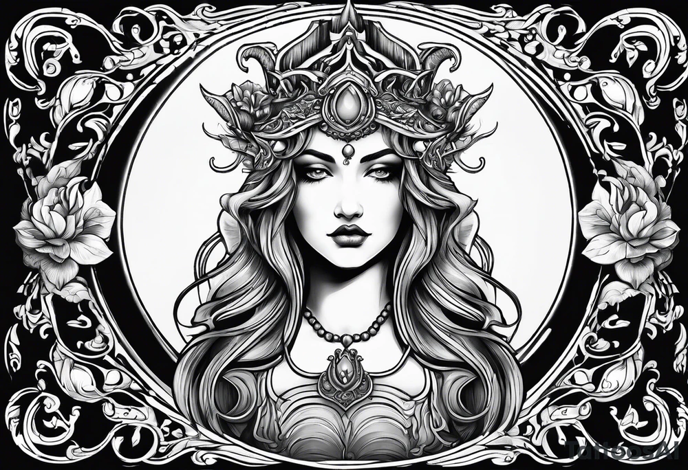 Aquarius water bearer god or goddess. Dark. With a gothic frame and mythological creatures. tattoo idea