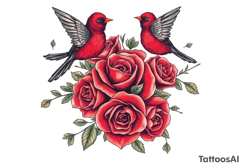 Vintage lace, red roses, red birds, vintage, wrap around, tighter together, no space open tattoo idea