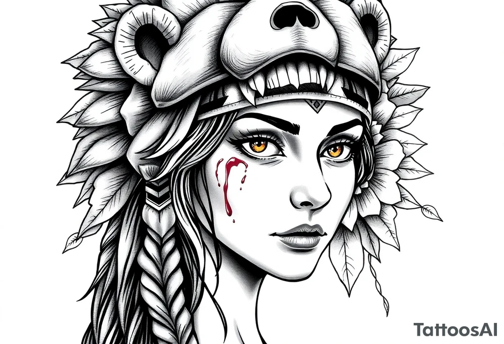 Young Symmetrical Beautiful Woman, looking forward, with colored eyes, shedding a tear, with battle scars and blood on face, with soft look, wearing a mean looking bear headdress on head, with dead flower background tattoo idea