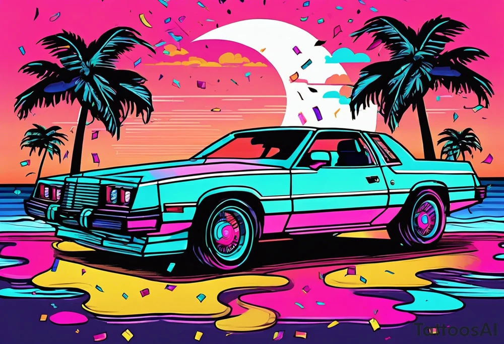 1980's miami vice style dance party with boom box, confetti, music notes in a retro eighties beach theme, no cars tattoo idea
