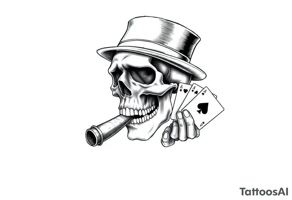a skull with mustache, a big cigar in his mouth,top-hat on his head and playing cards in a hand. tattoo idea