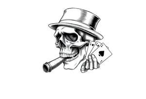 a skull with mustache, a big cigar in his mouth,top-hat on his head and playing cards in a hand. tattoo idea