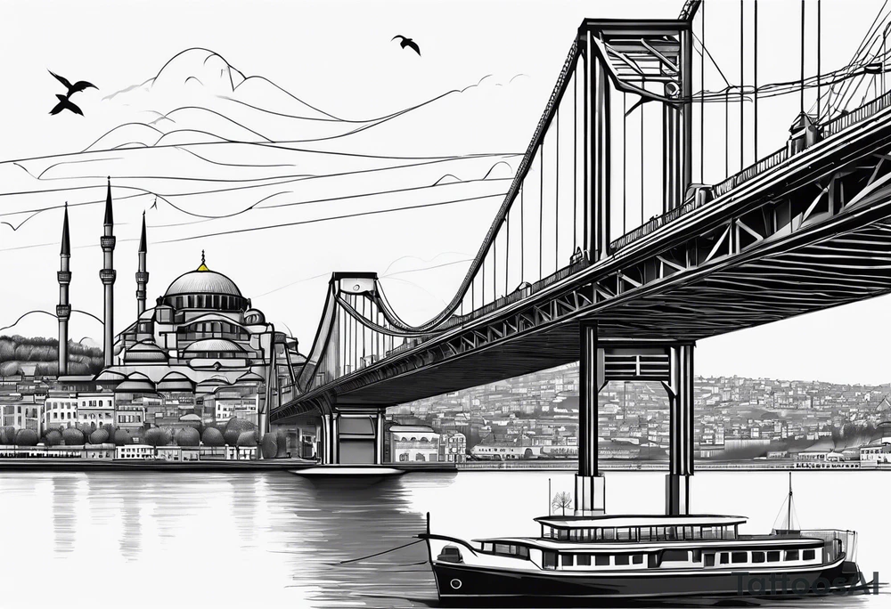 Istanbul bridge with blue details and behind them a big yellow canary tattoo idea