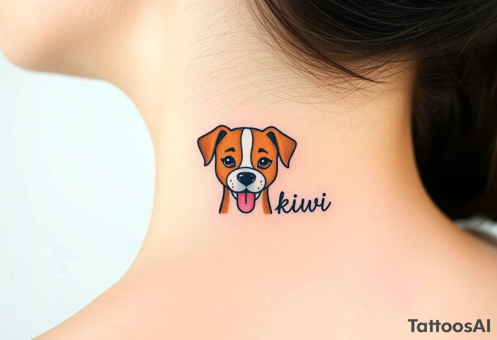 One line tattoo of female dog with white strip going up dog’s snout slightly off centered. With  the dogs tongue slightly out and the name kiwi tattoo idea