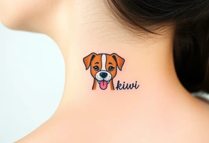 One line tattoo of female dog with white strip going up dog’s snout slightly off centered. With  the dogs tongue slightly out and the name kiwi tattoo idea