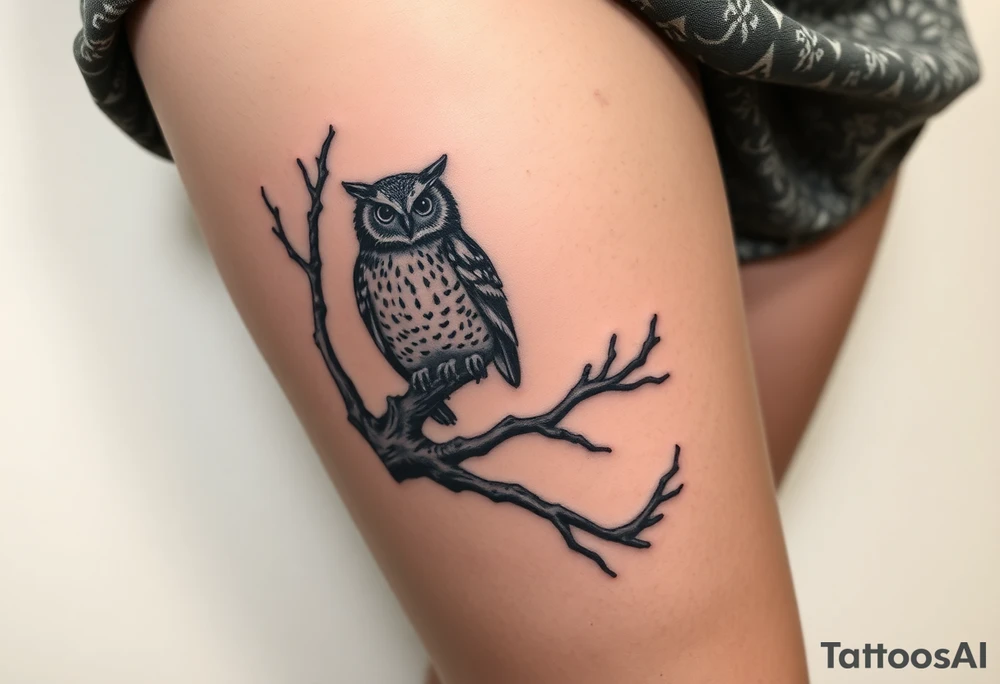 wise owl perched on ancient oak branch under starlit sky tattoo idea