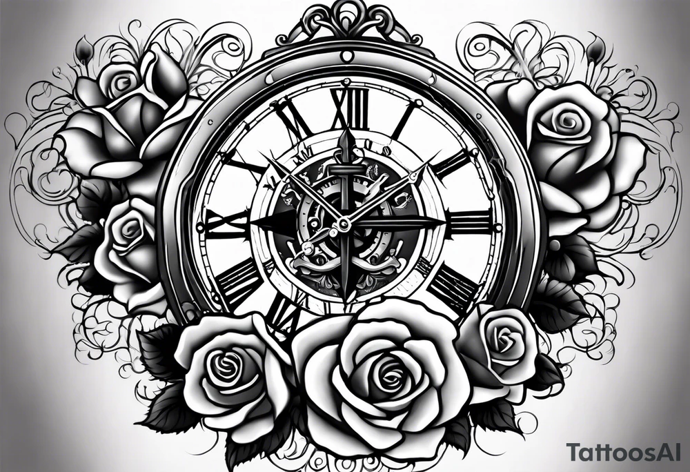 Cross anchor clock and Rose all Nice and flowing on the top part of my arm to make a half sleeve tattoo idea