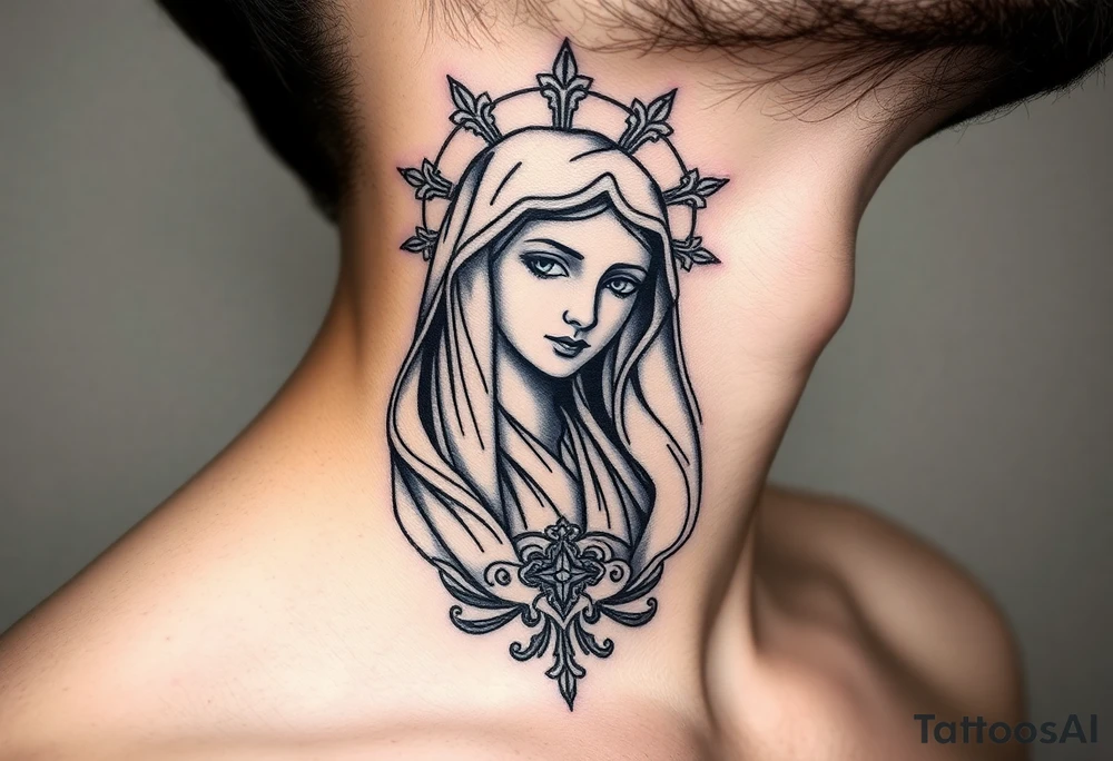 russian christian virgin mary neck design front facing tattoo idea