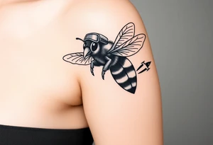 bee with a pilots hat flying next to a jet plane tattoo idea