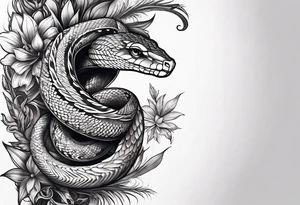 sleeve tattoo with a snake, gun, weed symbol tattoo idea