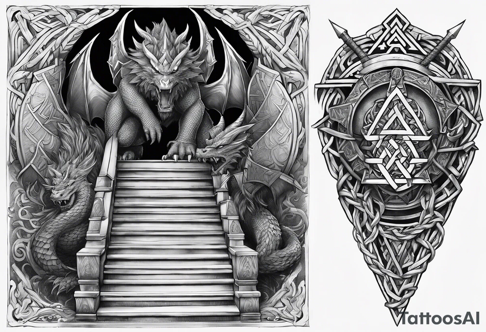 Valhalla sword shield dragon axe stairs Valknut barbed wire chains valknut fire tattoo idea Valhalla sword shield dragon axe stairs Valknut barbed wire chains valknut fire tattoo idea