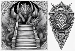 Valhalla sword shield dragon axe stairs Valknut barbed wire chains valknut fire tattoo idea