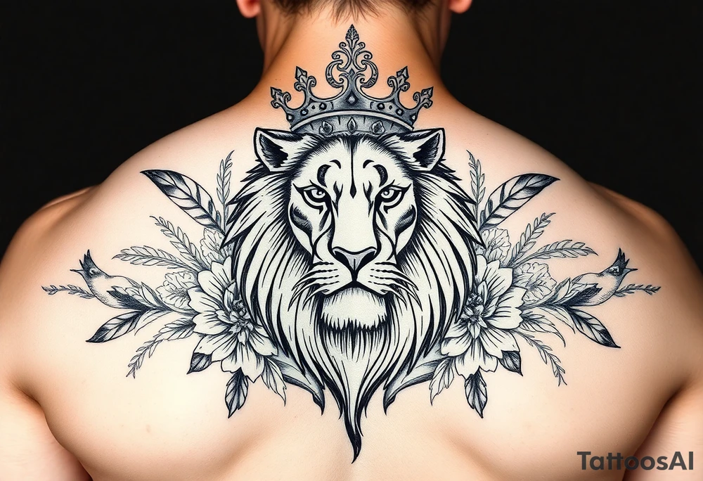 powerful majestic lion with a crown, surrounded by floral ornaments and birds tattoo idea