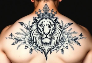 powerful majestic lion with a crown, surrounded by floral ornaments and birds tattoo idea