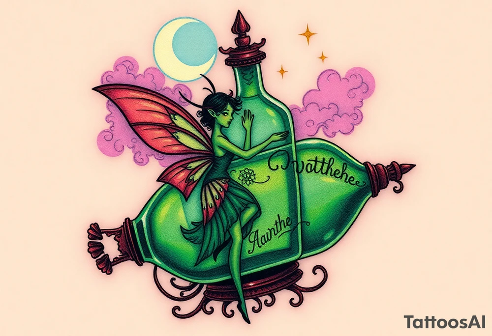 Tim Burton’s pin up style Vintage Parisian elegant and hauntingly beautiful yet eerie full body absinthe Green Fairy dances outside her victorian crystal decatur she was once inside this elaborate ornate bottle absinthe bottle Absinthe Art Nouveau   and dripping with muted reds, dusty pinks, and eerie green glow.purple and cyan smokey clouds swirl in the crescent moonlit sky thats sprinkled with stars tattoo idea