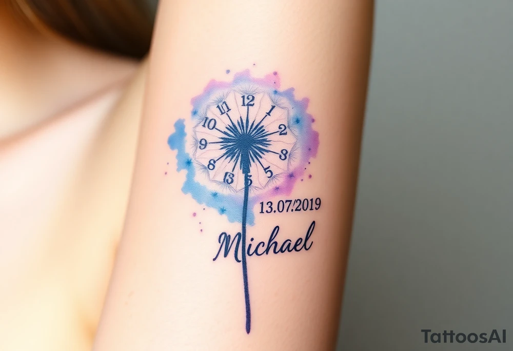 A watercolor-styled dandelion with clock numbers and date 13. 07. 2019 and name "Michael", representing fleeting time and new beginnings, in pastel blues and purples tattoo idea