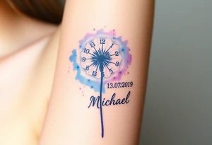 A watercolor-styled dandelion with clock numbers and date 13. 07. 2019 and name "Michael", representing fleeting time and new beginnings, in pastel blues and purples tattoo idea