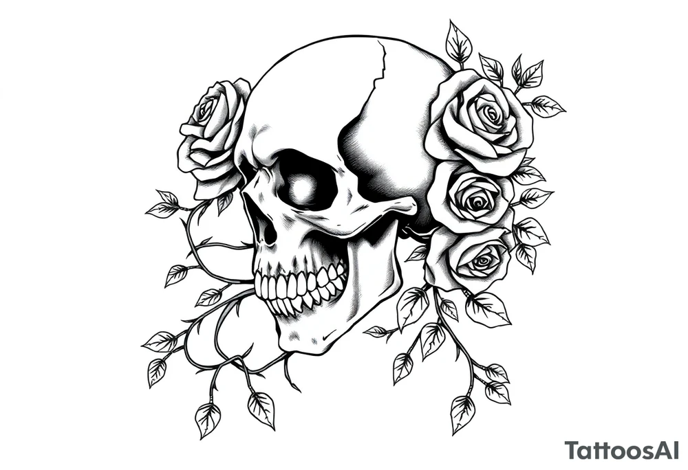 gothic skull intertwined with climbing roses and thorny vines tattoo idea