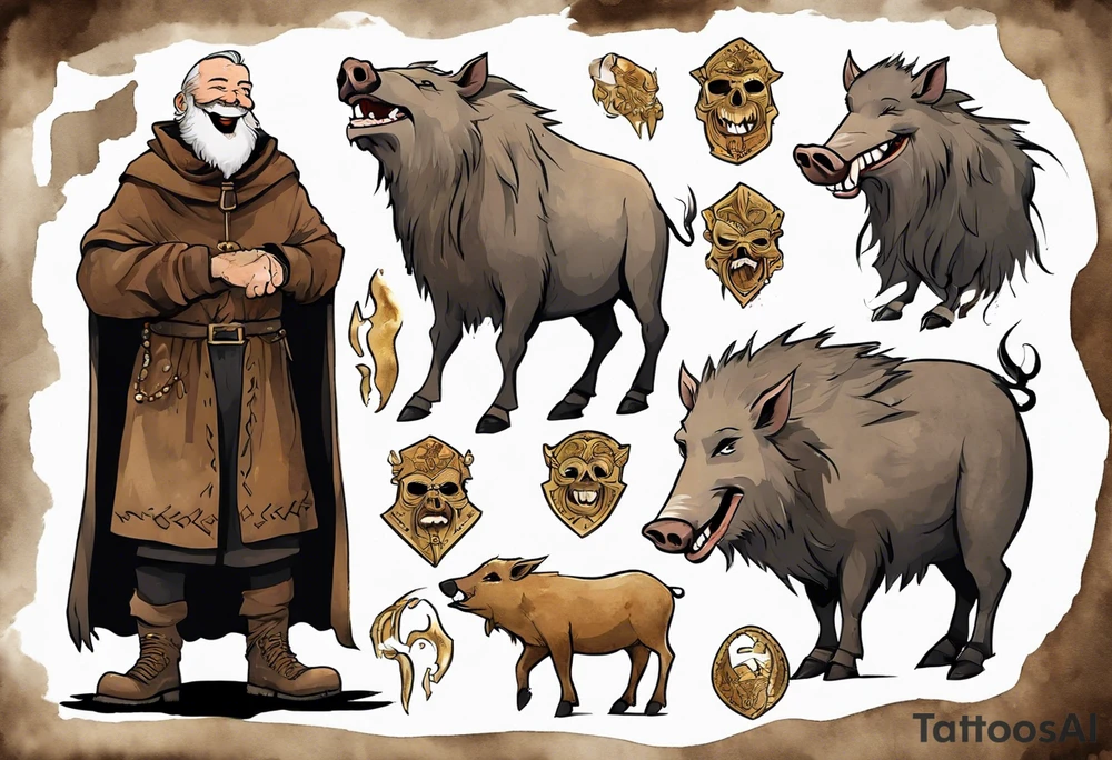 a 55-year-old medieval Nordic man with a grey beard laughing with a gold tooth wearing a brown and black cloak standing next to a boar in front of a cave tattoo idea