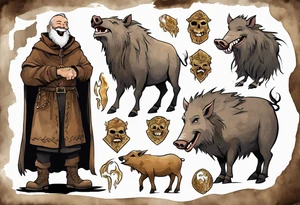 a 55-year-old medieval Nordic man with a grey beard laughing with a gold tooth wearing a brown and black cloak standing next to a boar in front of a cave tattoo idea