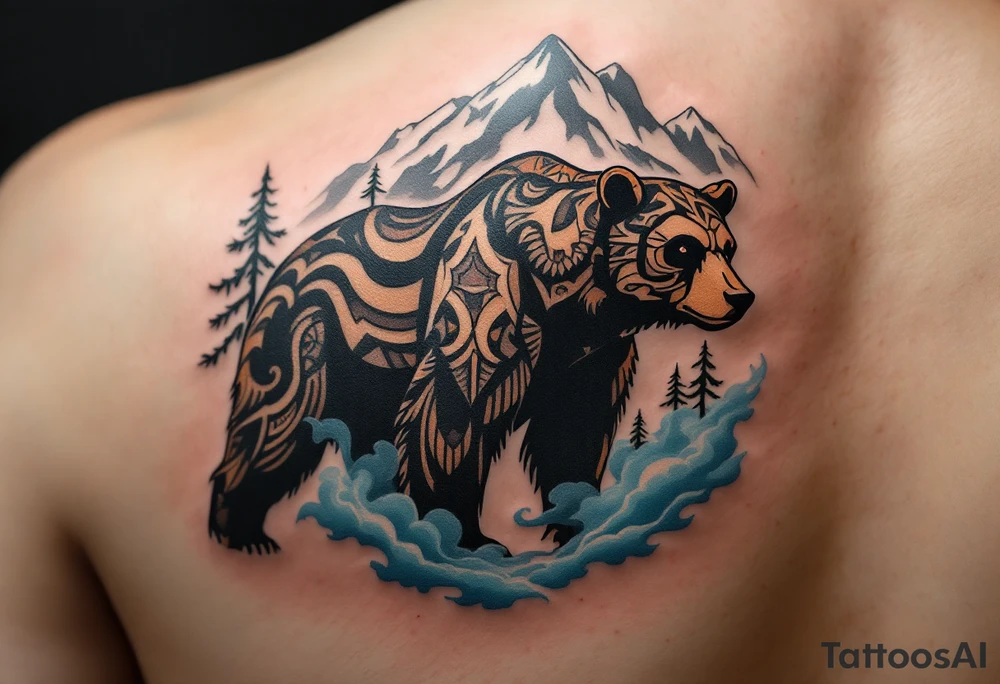 A powerful, majestic bear tattoo with a deep black and brown color palette. The bear is depicted in a standing position, symbolizing strength and protection, with intricate tribal patterns subtly etched along its body, representing its spiritual connection to the earth. TAround the bear, mountain peaks and pine trees form a natural, serene backdrop, while delicate blue mist rises from the ground, tattoo idea