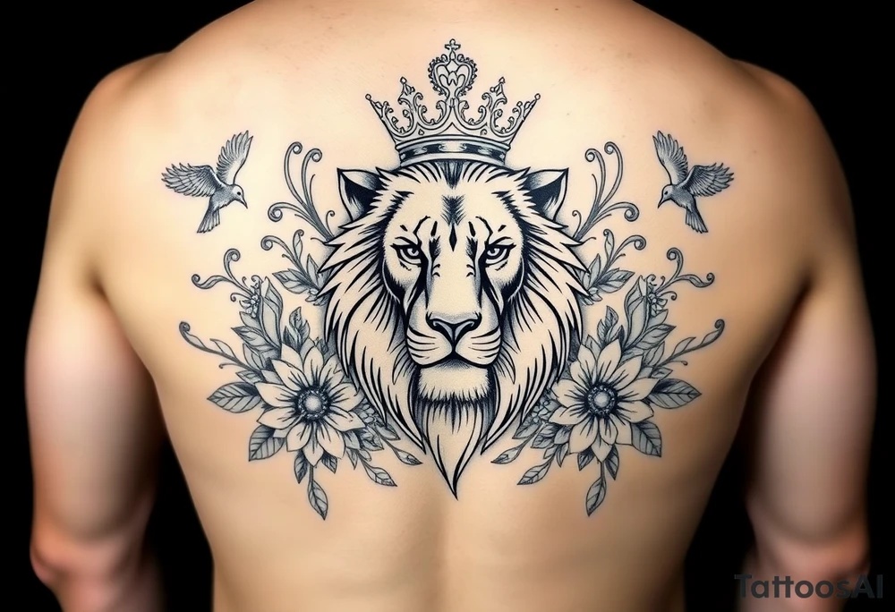 powerful majestic lion with a crown, surrounded by floral ornaments and birds tattoo idea
