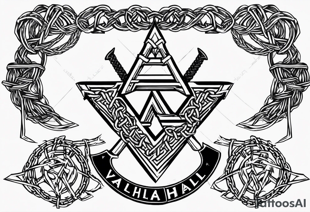 Valhalla sword shield axe barbed wire chains valknut tattoo idea