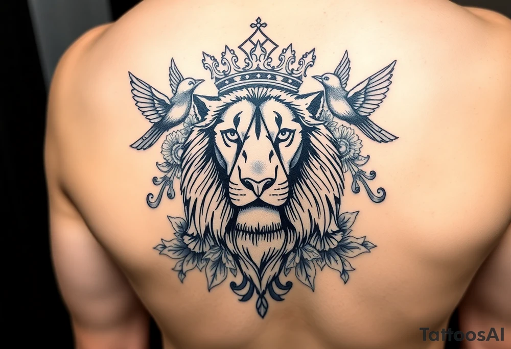 powerful majestic lion with a crown, surrounded by floral ornaments and birds tattoo idea