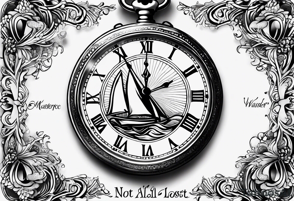 Pocket watch and words saying Not All Those Who Wander Are Lost, describing past life events tattoo idea