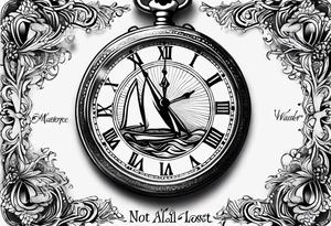 Pocket watch and words saying Not All Those Who Wander Are Lost, describing past life events tattoo idea