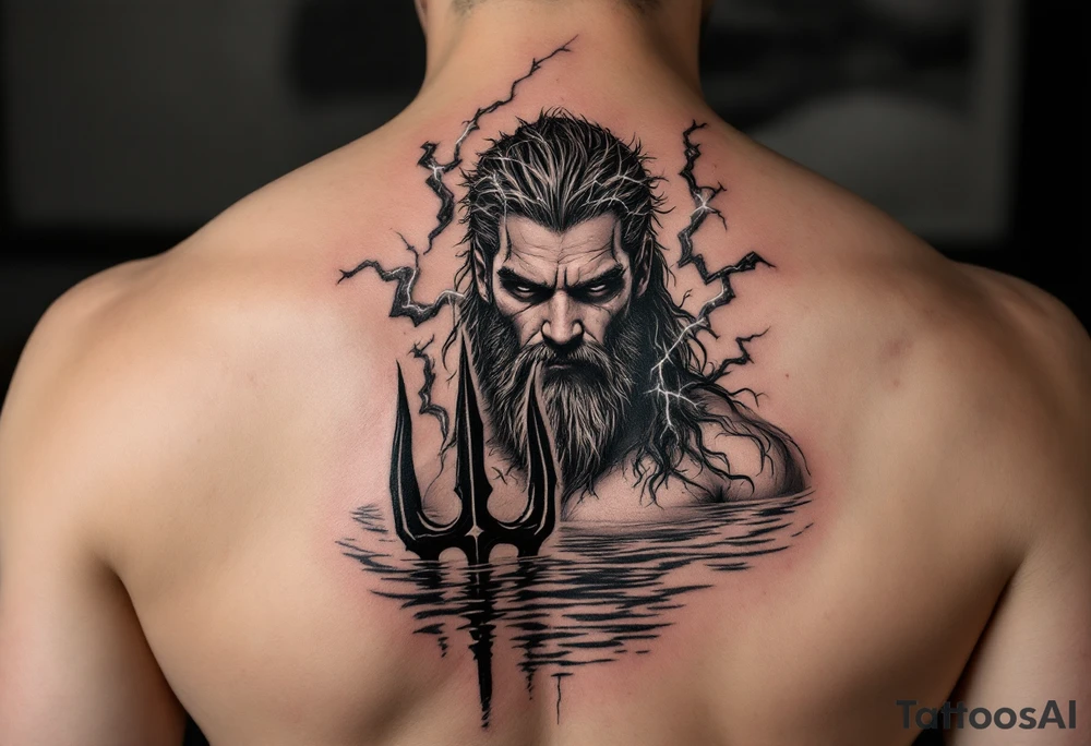fit poseidon, behind a trident, with lightning, in calm water tattoo idea