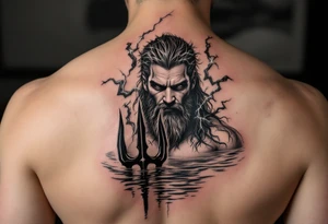 fit poseidon, behind a trident, with lightning, in calm water tattoo idea