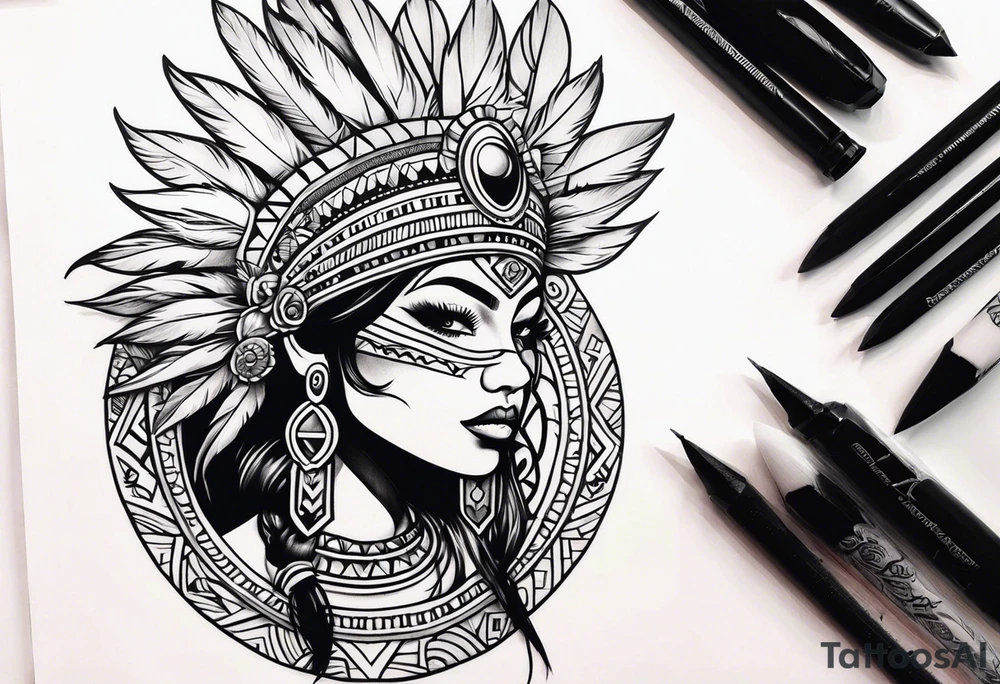 Aztec princess, feather roses tattoo idea